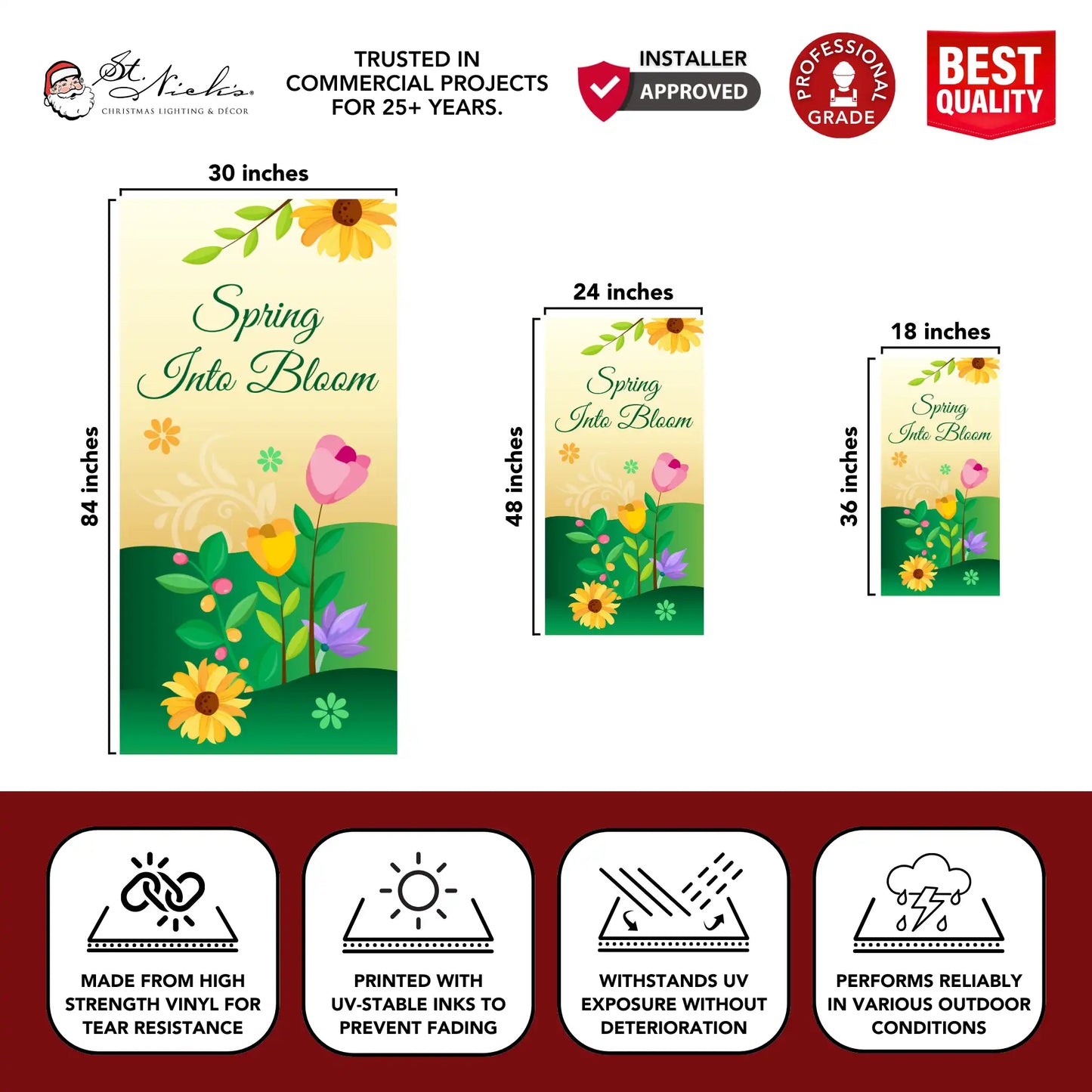 Spring Into Bloom spring pole banner with size dimensions and durable vinyl construction details