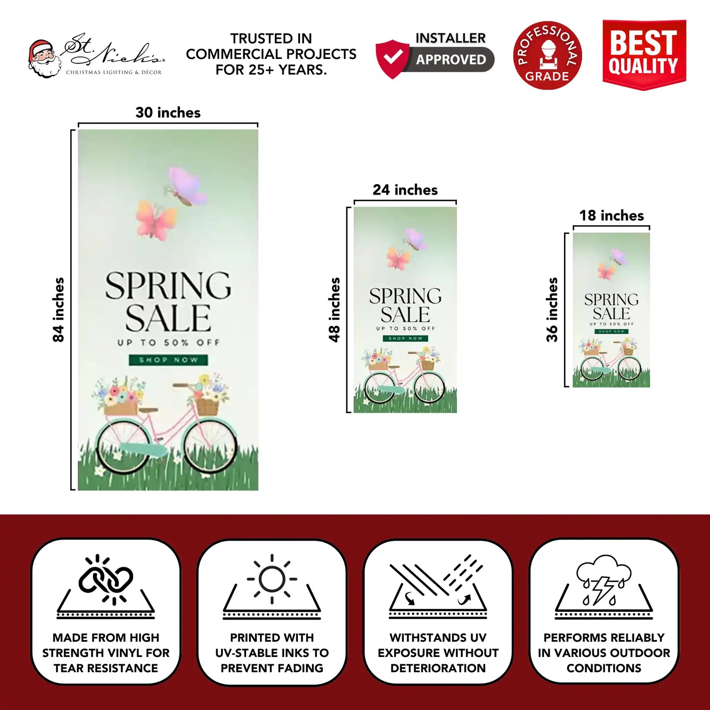 Spring Sale pole banner dimensions showing available sizes and durable vinyl construction