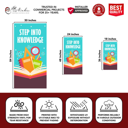 Step Into Knowledge school pole banner with size dimensions and durable vinyl construction