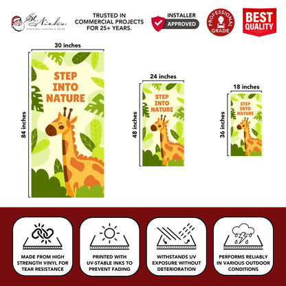 Step Into Nature green banner size guide highlighting durable vinyl and UV-resistant printing