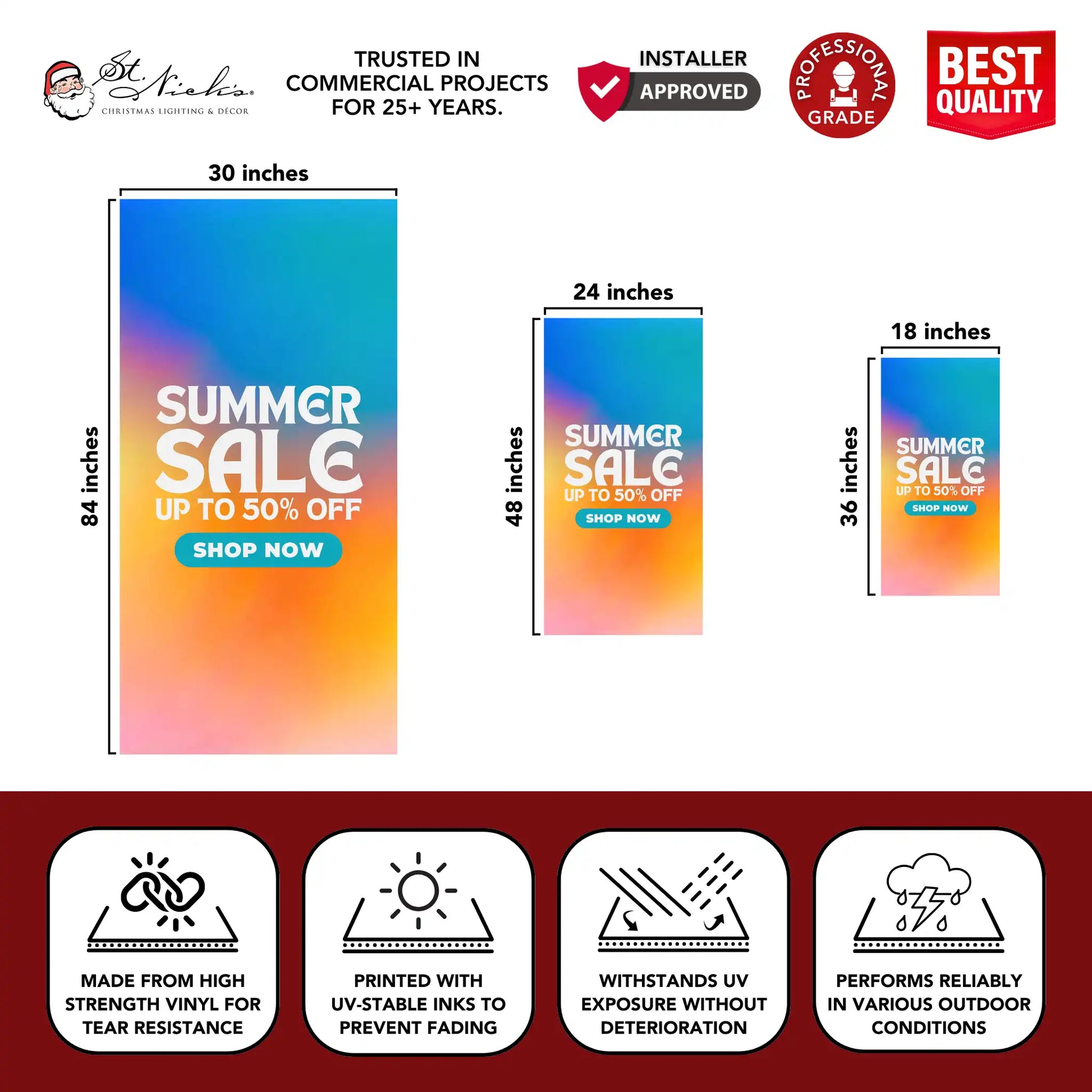 Summer Sale gradient street banner size guide highlighting UV-resistant commercial vinyl