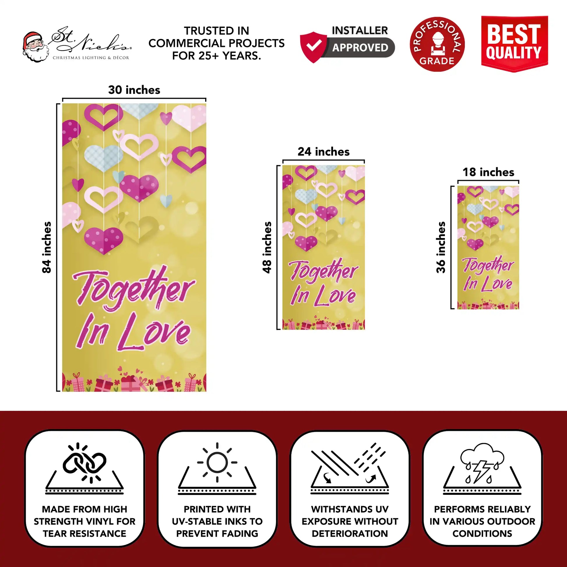Together In Love Valentine pole banner with size dimensions and durable vinyl construction