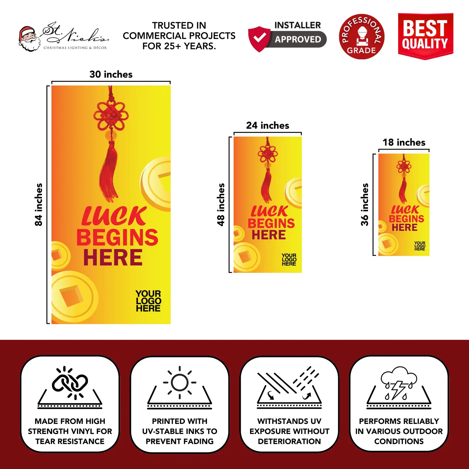 Luck Begins Here Lunar New Year pole banner displaying size dimensions and professional-grade vinyl construction
