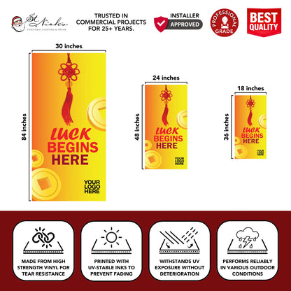 Luck Begins Here Lunar New Year pole banner displaying size dimensions and professional-grade vinyl construction