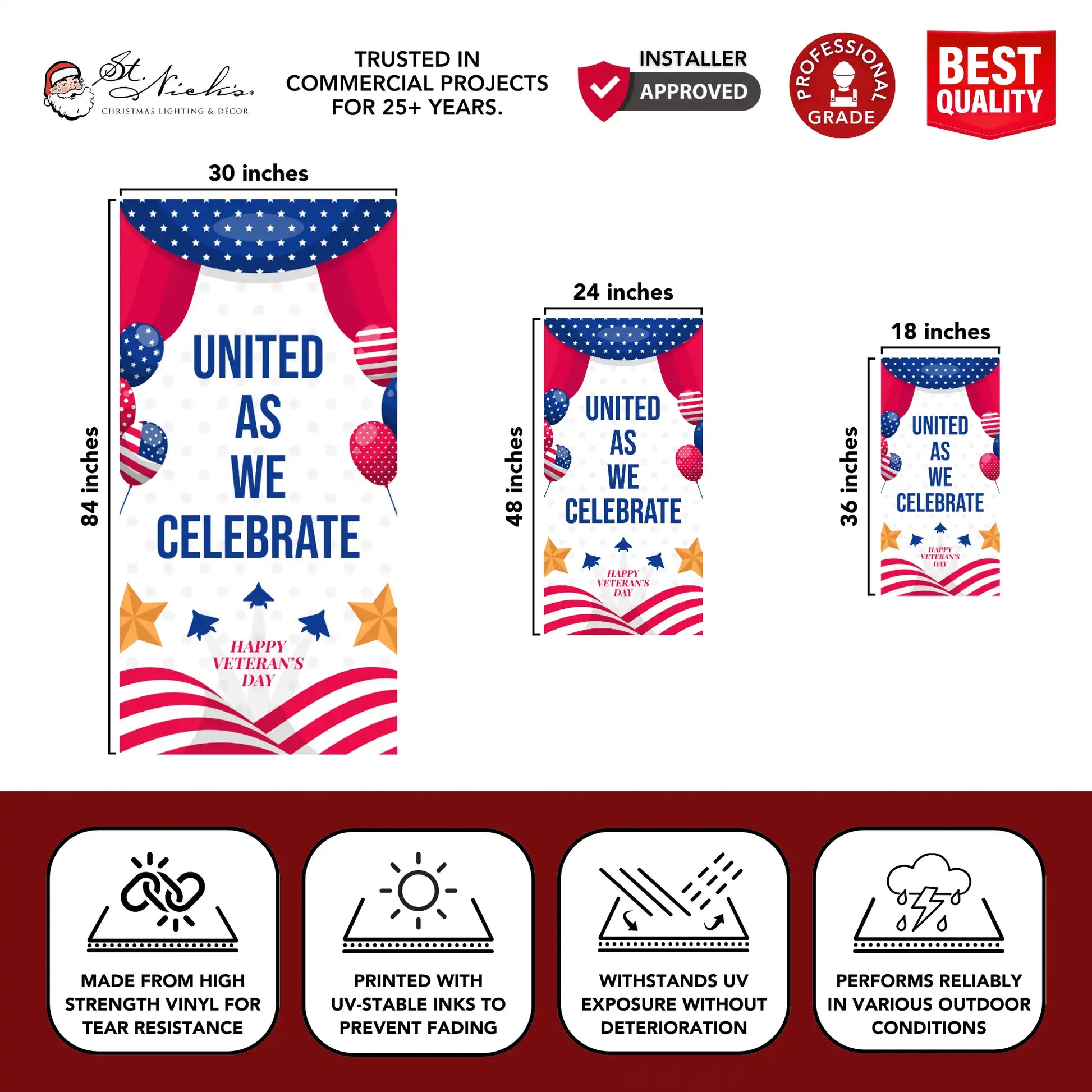 United As We Celebrate Veterans Day vinyl pole banner with size dimensions and durable construction