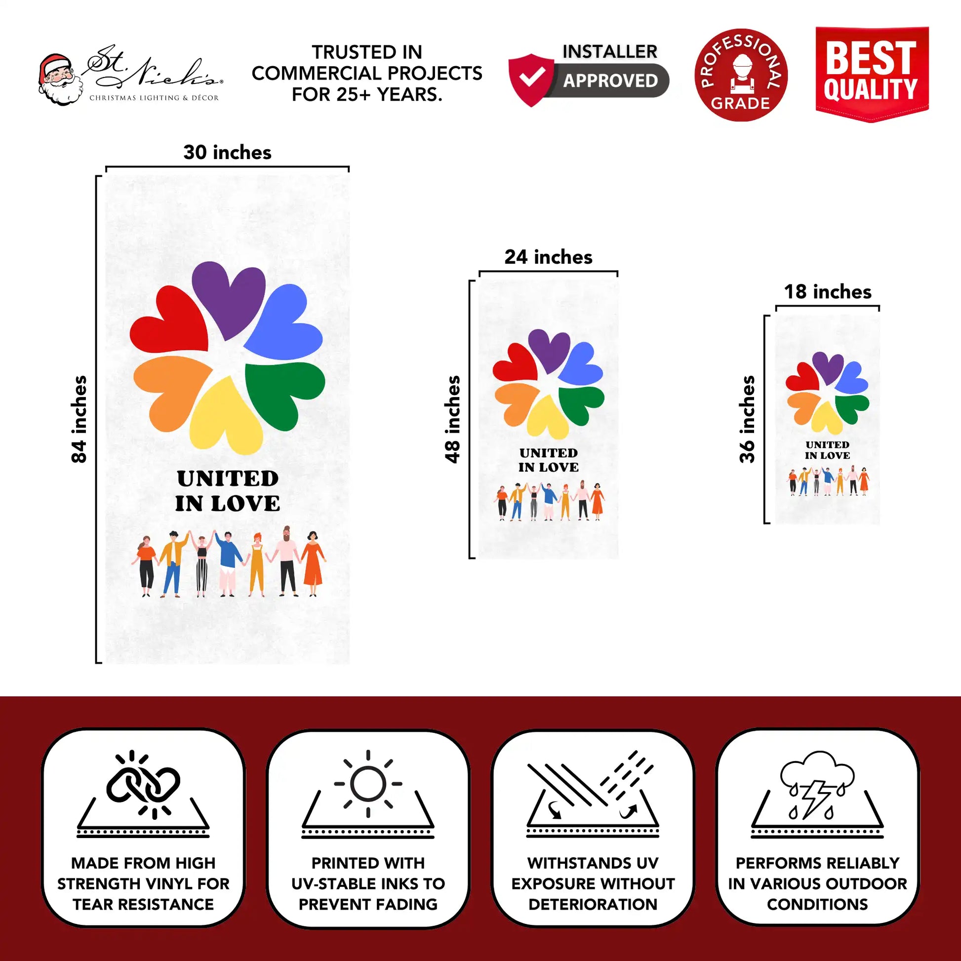 United in Love pride pole banner showing size dimensions and durable vinyl construction for outdoor use