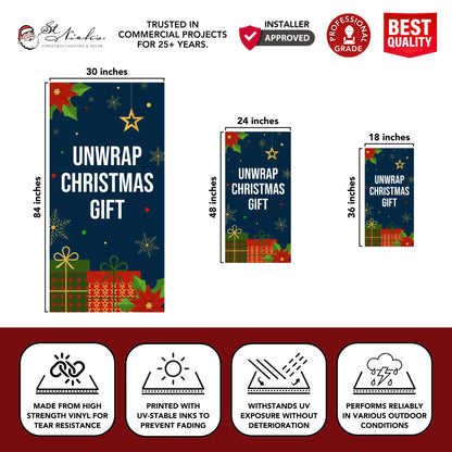 Unwrap Christmas Gift Christmas pole banner with size dimensions and durable vinyl construction