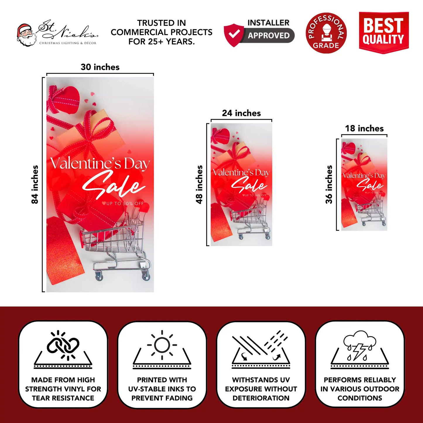 Valentine’s Day Sale pole banner with size dimensions and durable vinyl construction