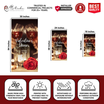 Valentine’s Dinner pole banner with size dimensions and durable vinyl construction