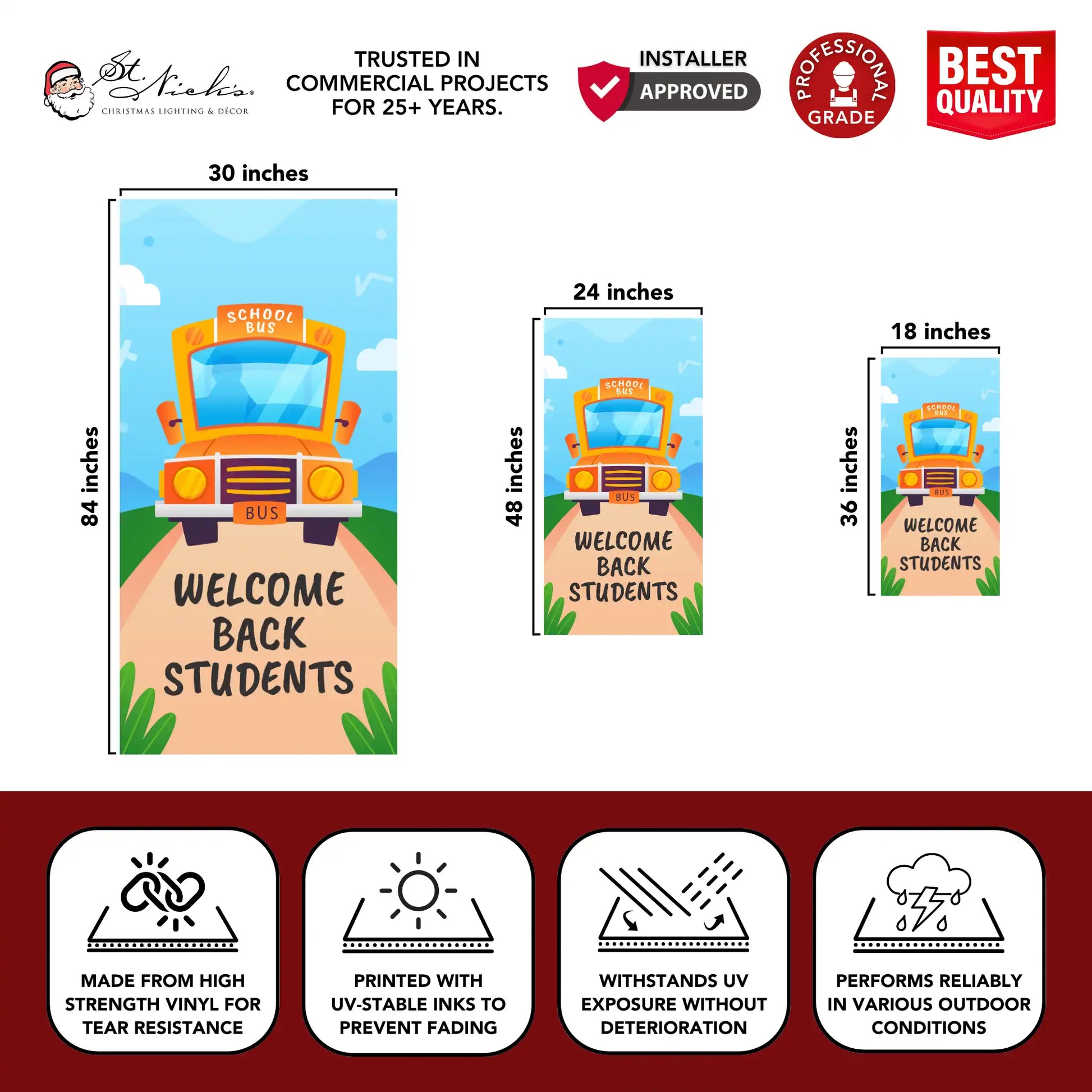 Welcome Back Students school bus pole banner with size dimensions and durable vinyl construction
