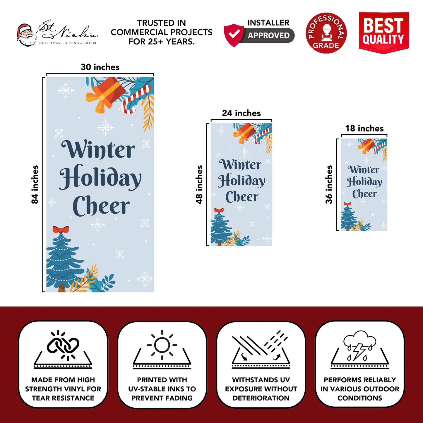 Winter Holiday Cheer winter pole banner with size dimensions and durable vinyl construction