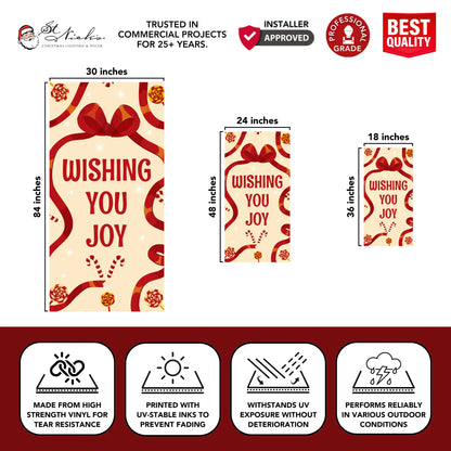 Wishing You Joy holiday pole banner with size dimensions and durable vinyl construction