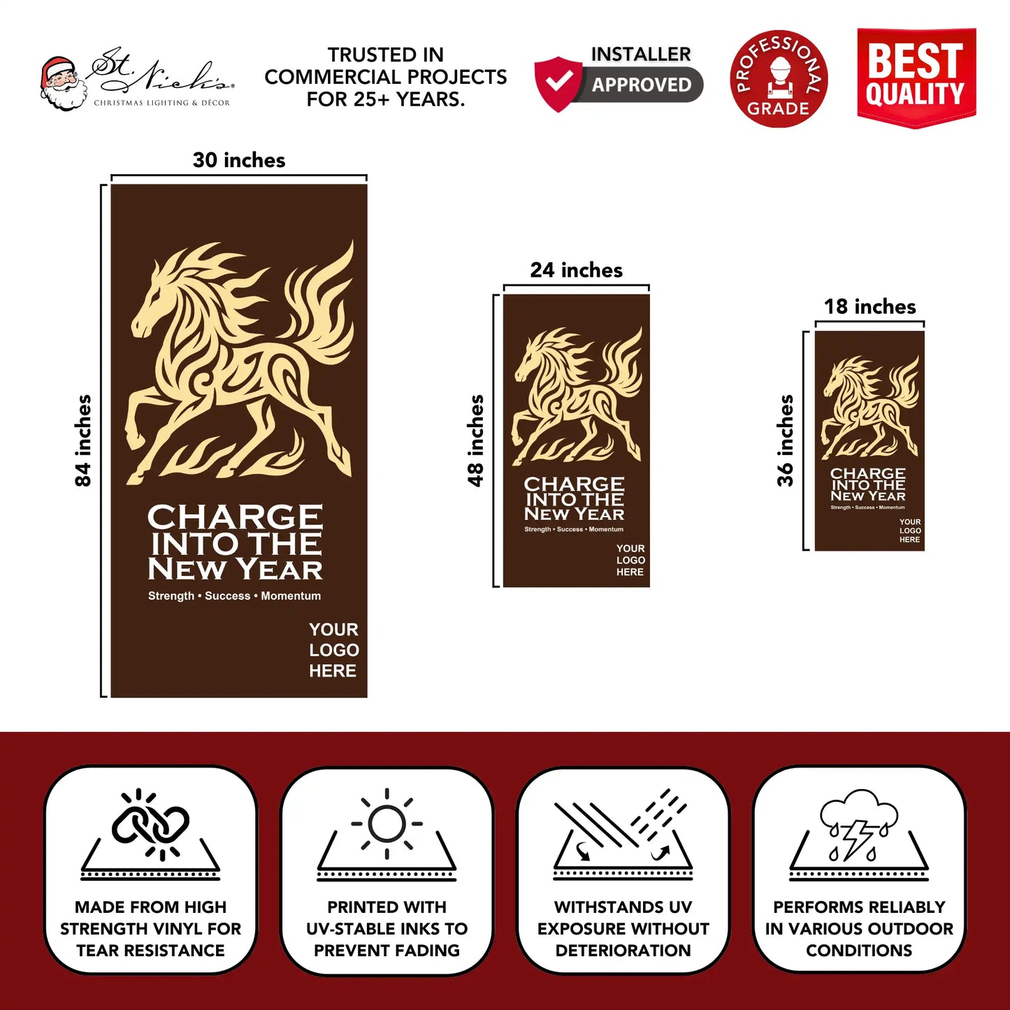 Year of the Horse Lunar New Year pole banner displaying size dimensions and professional-grade vinyl construction