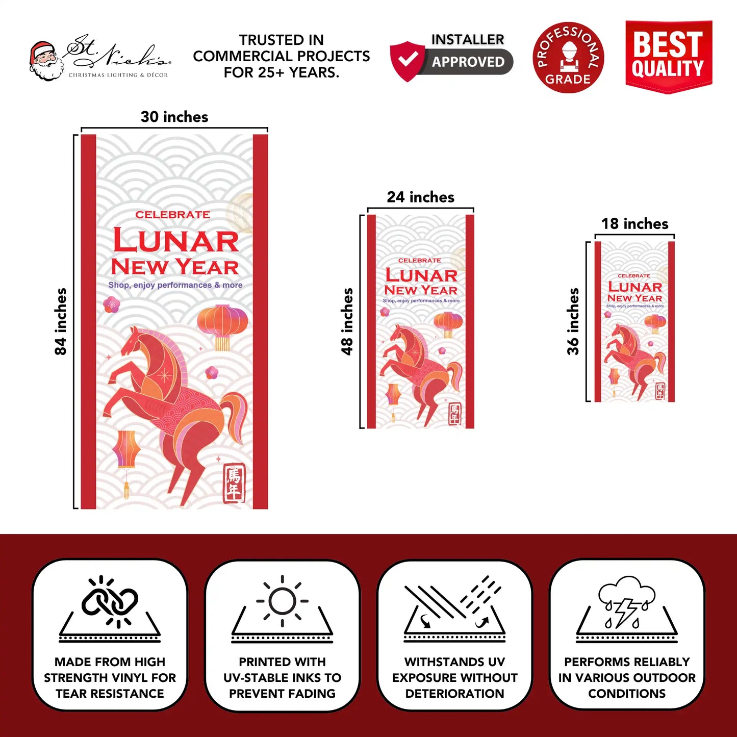 Year of the Horse Lunar New Year pole banner showing size dimensions and professional-grade vinyl construction