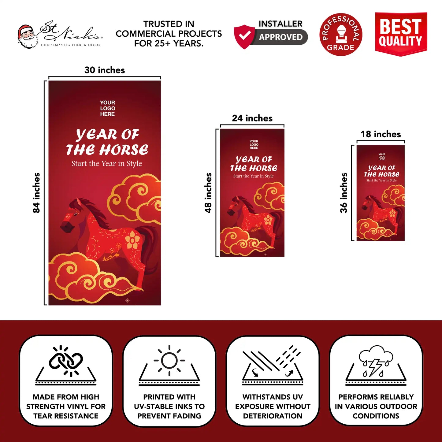 Year of the Horse Lunar New Year pole banner displaying size dimensions and professional-grade vinyl construction