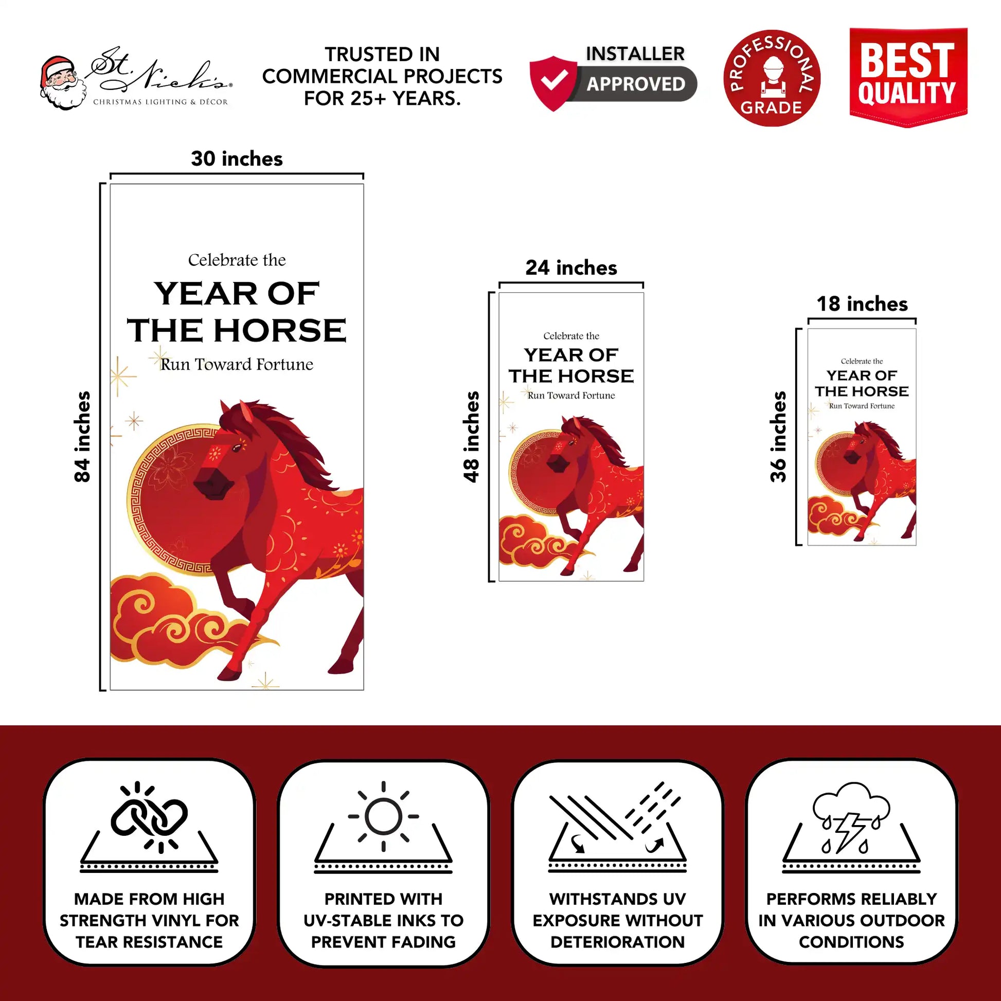 Year of the Horse Lunar New Year white pole banner showing size dimensions and professional-grade vinyl construction