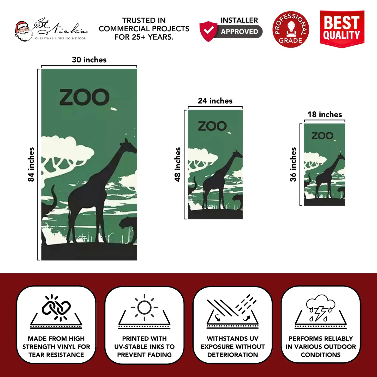 Zoo pole banner dimensions showing available sizes and durable vinyl construction