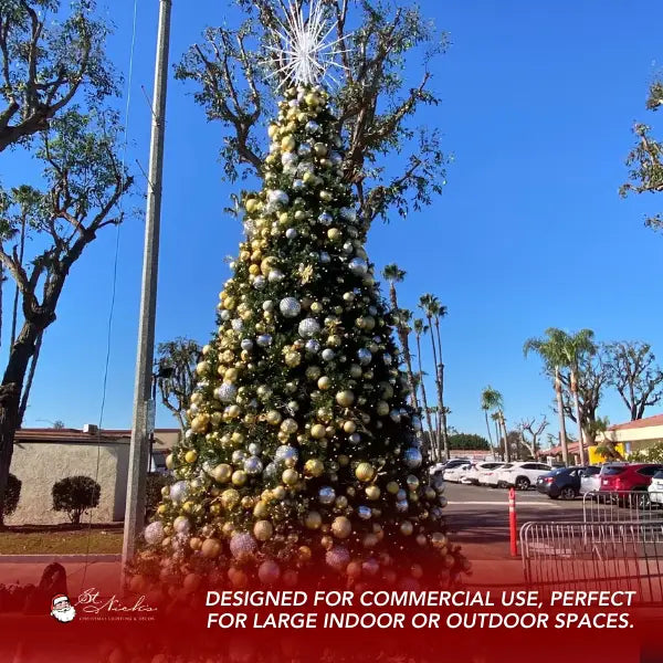 30FT Giant christmas Tree Warm Cool White 5MM with Gold and Silver Ornaments