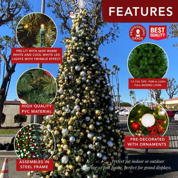 30FT Giant christmas Tree Warm Cool White 5MM with Gold and Silver Ornaments