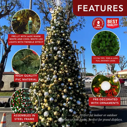 30FT Giant christmas Tree Warm Cool White 5MM with Gold and Silver Ornaments