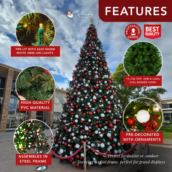 30FT Giant Tree Warm White 5MM Twinkle and Red White Silver Ornaments 
