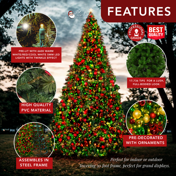 30FT Giant Pre-decorated Warm White/Red/Cool White 5MM Twinkle and Red/Green/Gold Ornaments - Frame Trees