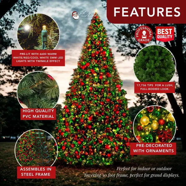 30FT Giant Warm White Red Cool White 5MM Twinkle and Red Green Gold Ornaments