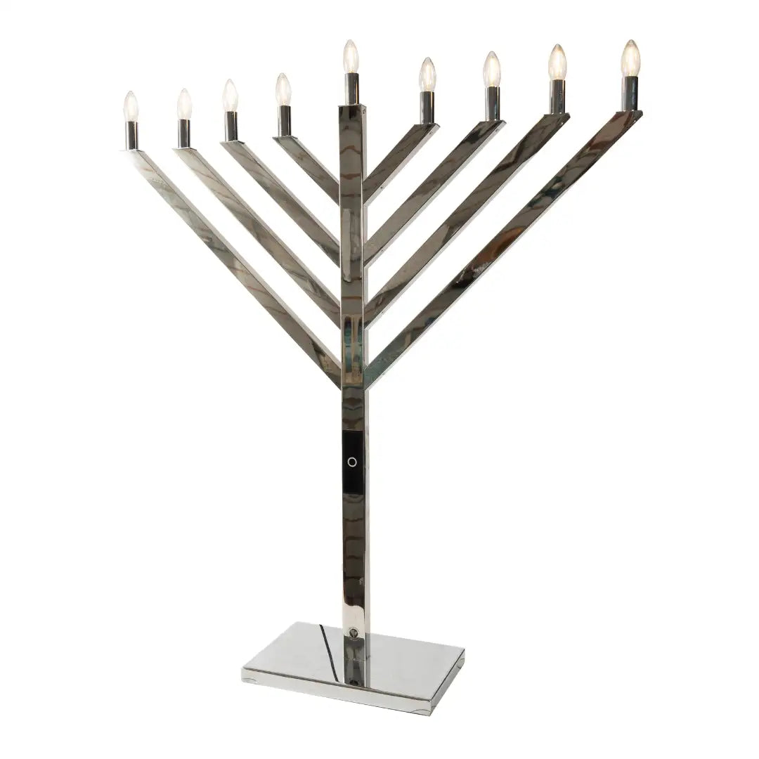Silver Menorah with lit candles