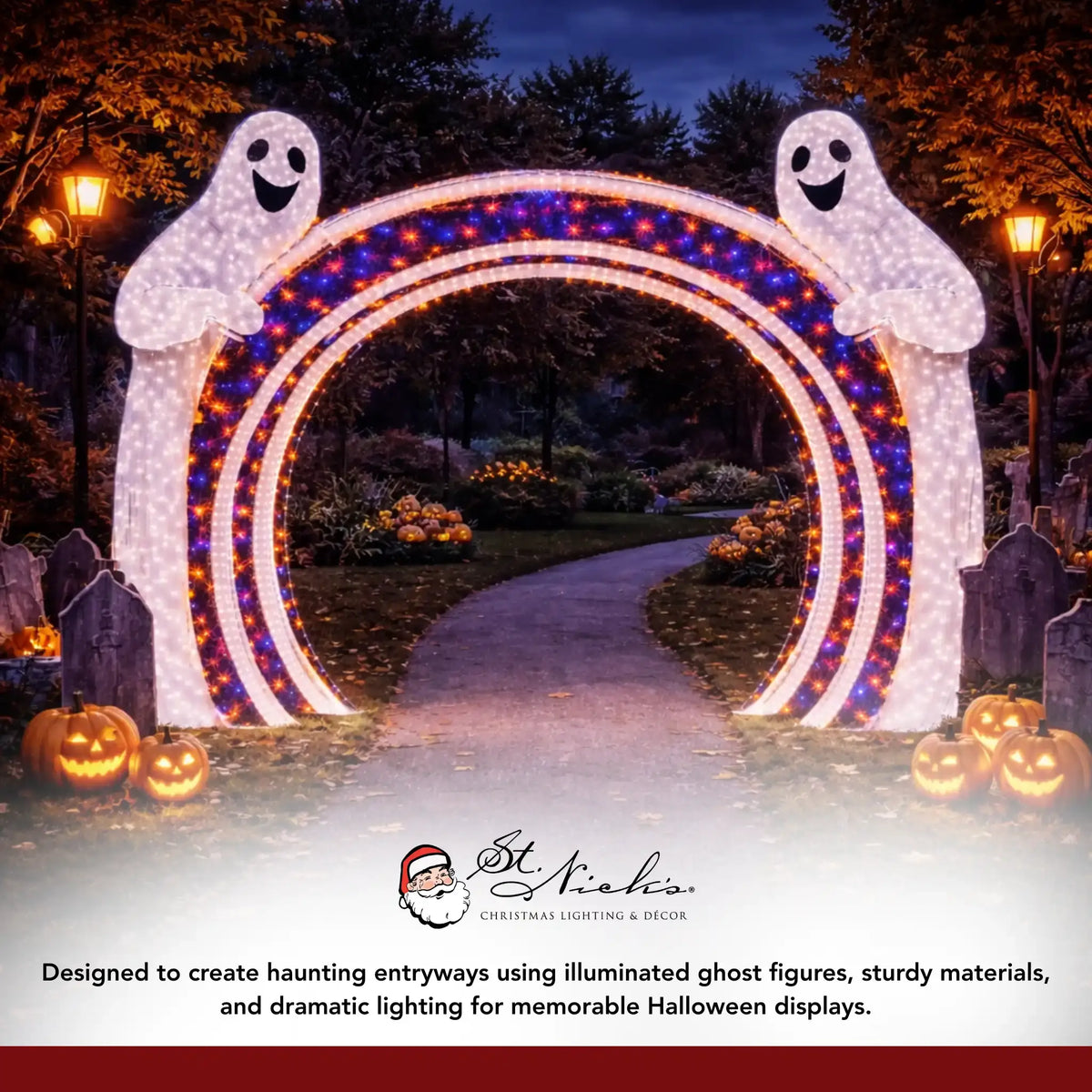 12 ft LED ghost archway walkthrough Halloween light display installed outdoors creating a festive illuminated Halloween pathway