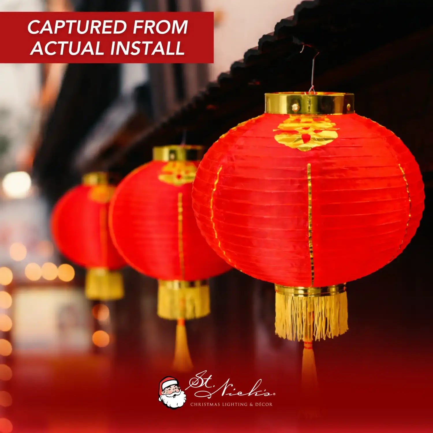 18-inch Lunar New Year lanterns installed in a row for traditional Chinese New Year display
