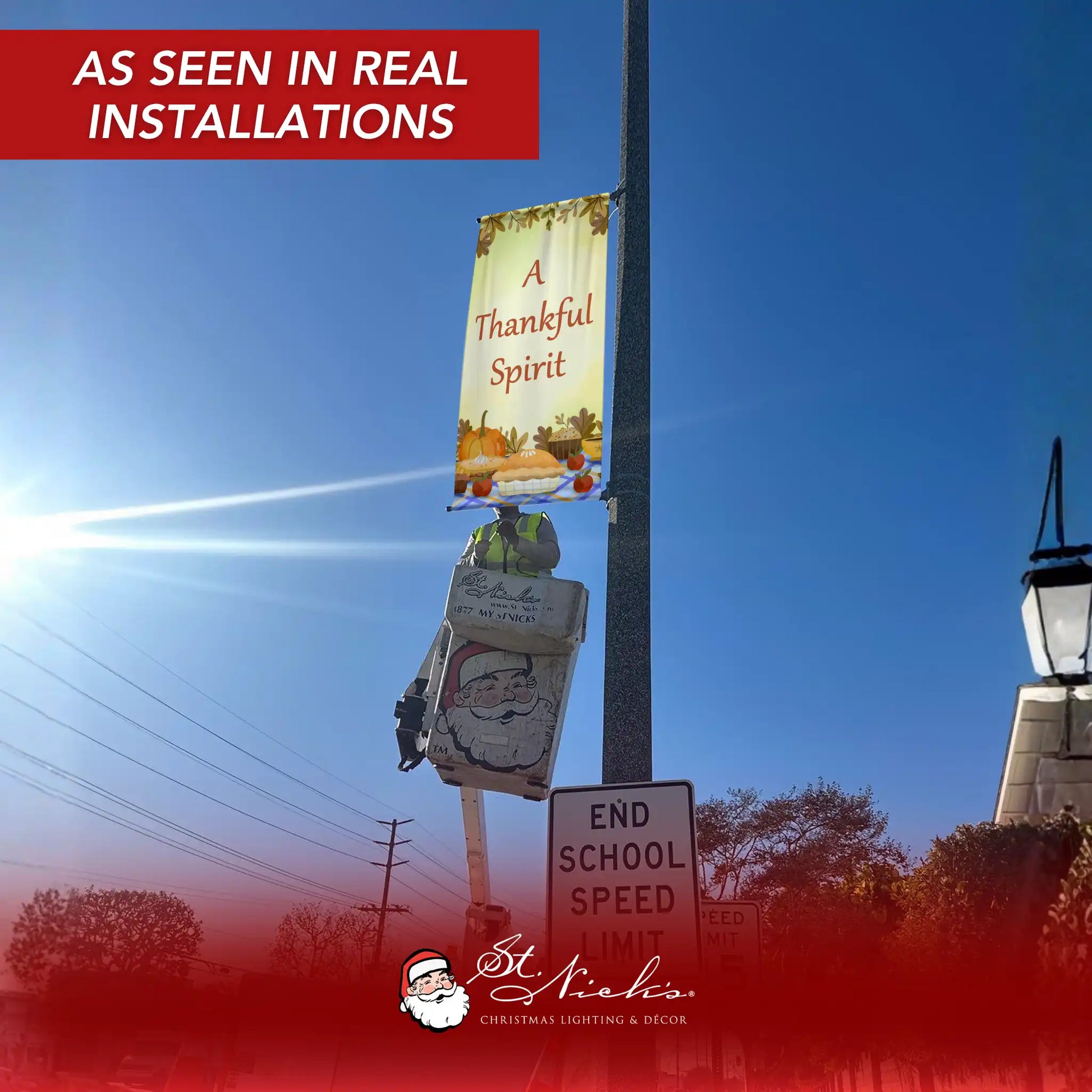 A Thankful Spirit Thanksgiving pole banner displayed on street pole in real installation