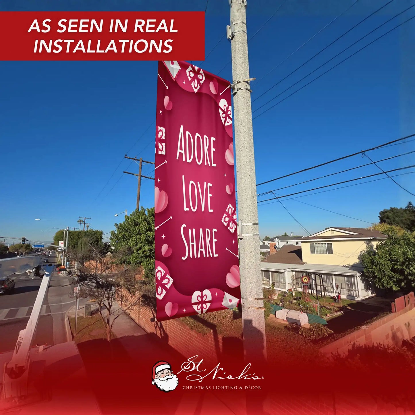 Adore Love Share Valentine pole banner displayed on street pole in real installation