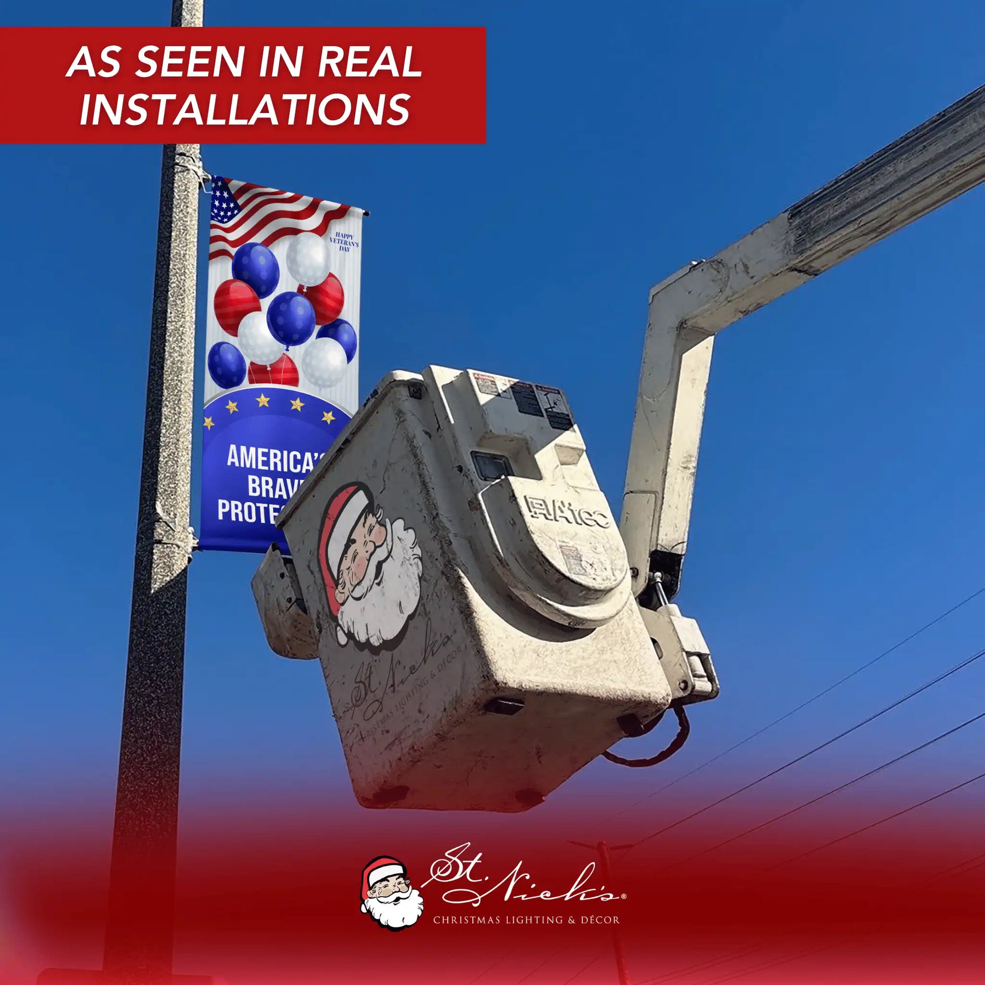 America’s Brave Protectors Veterans Day pole banner installed on streetlight pole during professional installation