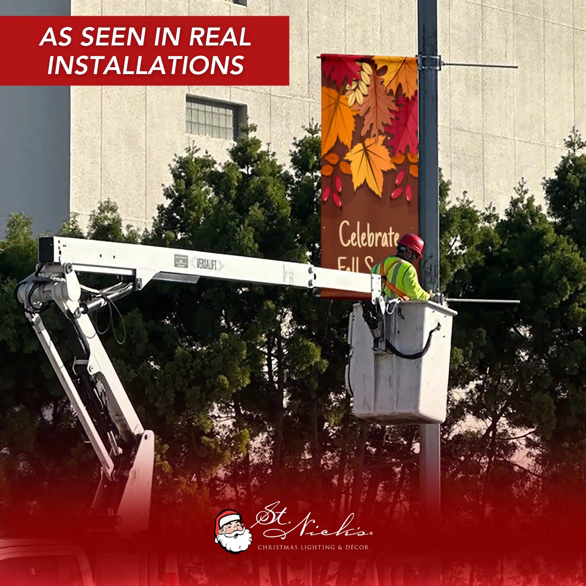 Celebrate Fall Spirit fall pole banner displayed on street pole in real installation