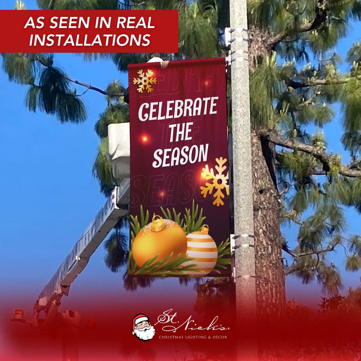 Celebrate The Season Christmas pole banner displayed on street pole in real installation