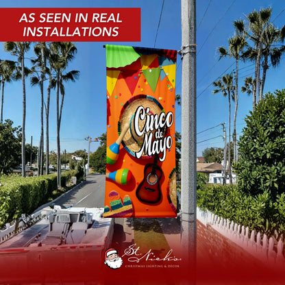 Cinco de Mayo fiesta instruments pole banner displayed on street pole in real installation