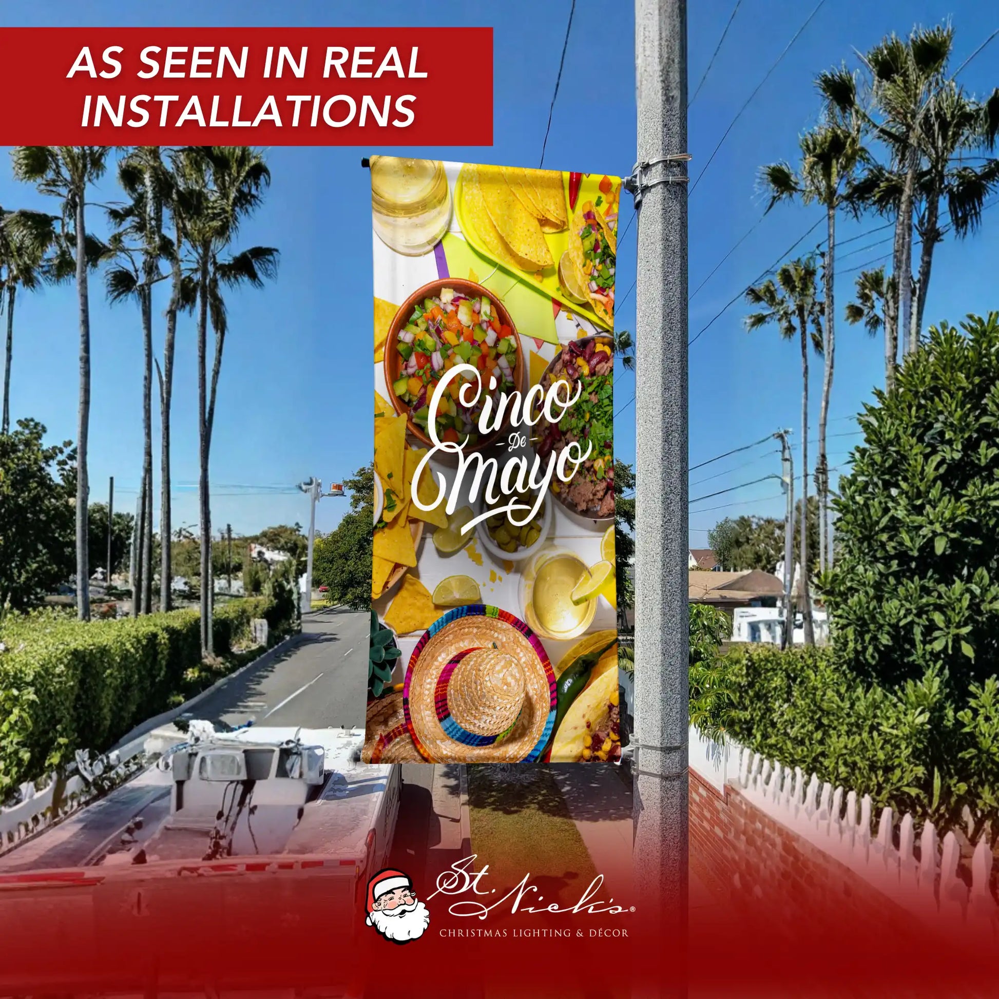Cinco de Mayo food photography pole banner displayed on a street pole in a real outdoor installation