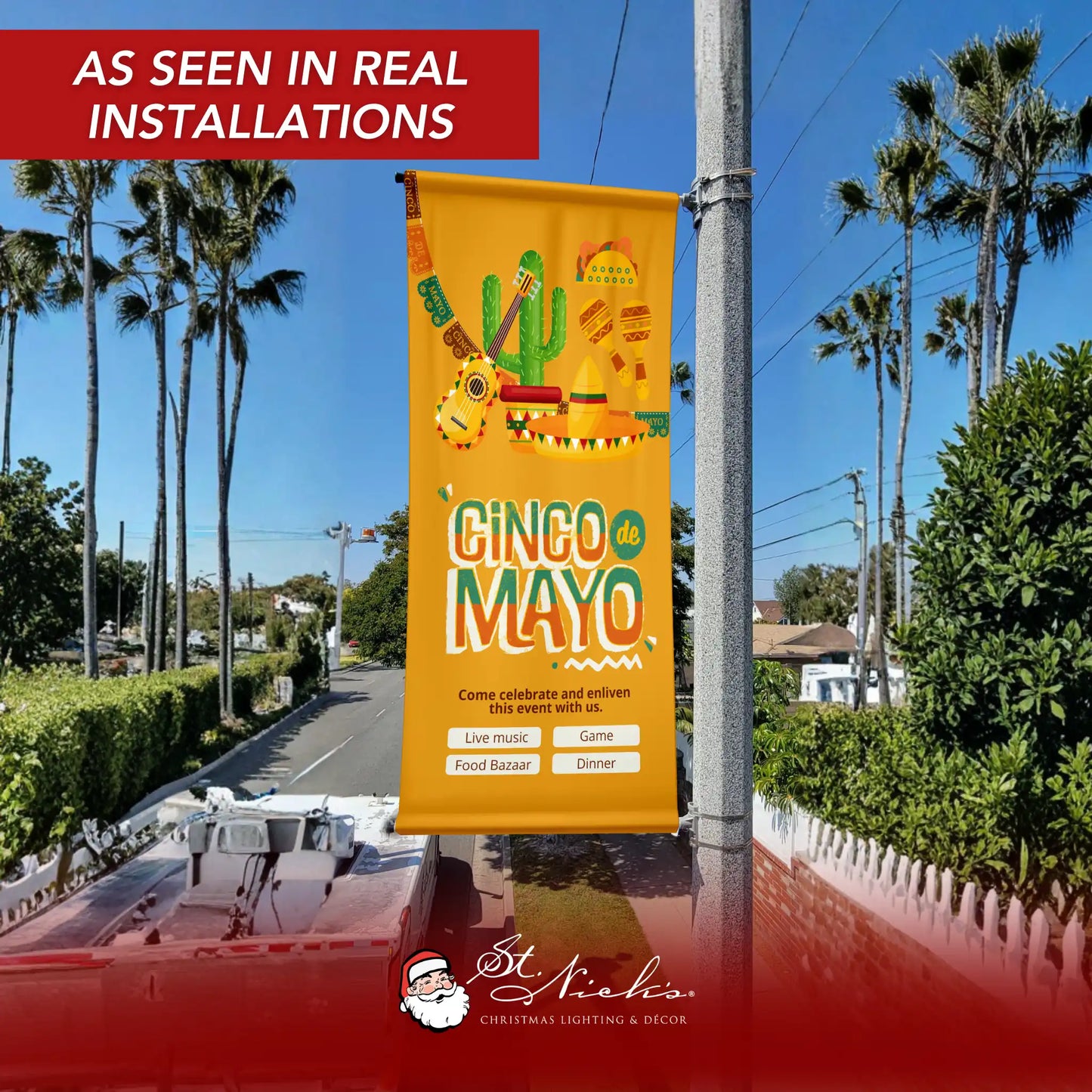 Cinco de Mayo illustrated guitar and cactus pole banner displayed on street pole in real installation