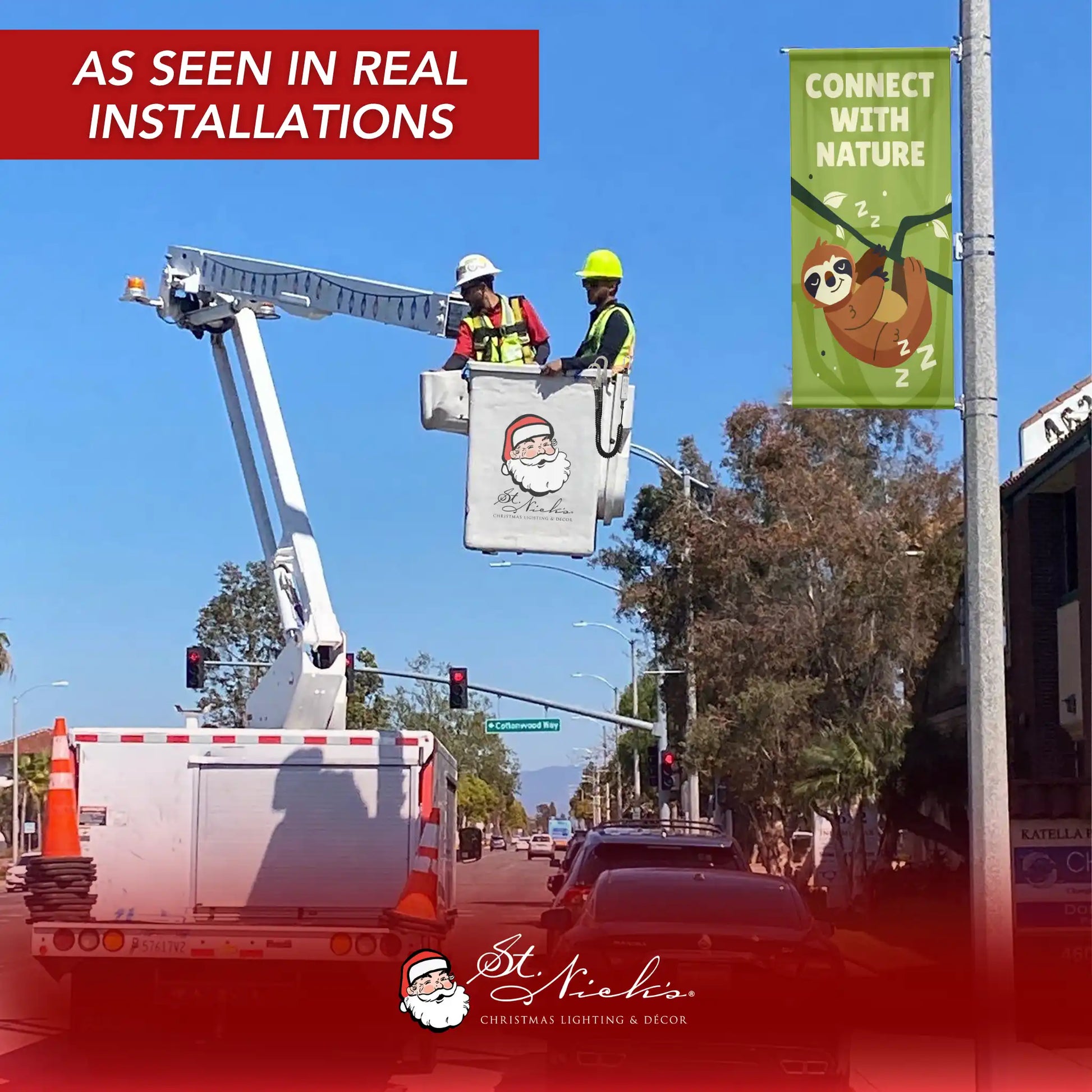 Connect With Nature green street banner installed on light pole for outdoor educational displays