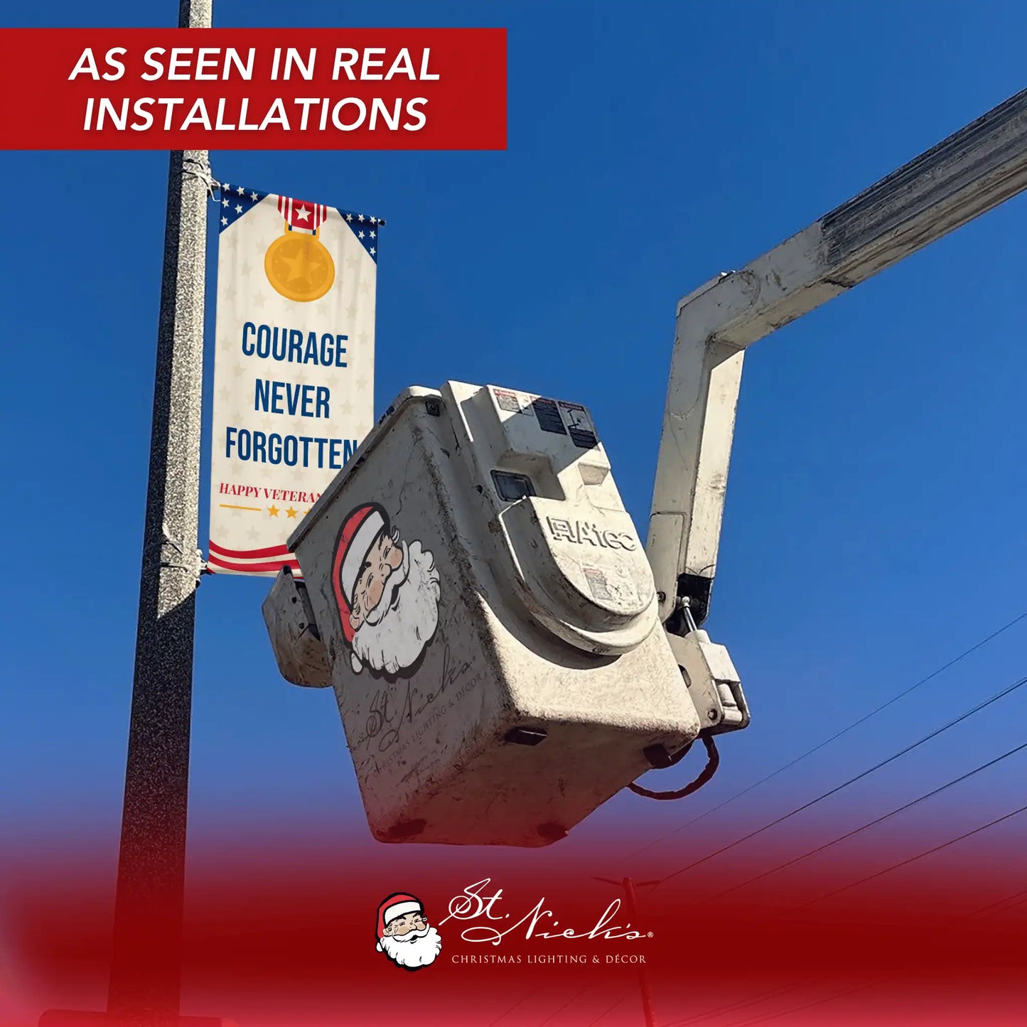 Courage Never Forgotten cream Veterans Day street banner installed on light pole