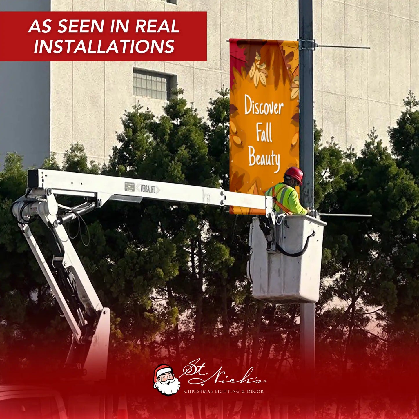 Discover Fall Beauty fall pole banner displayed on street pole in real installation