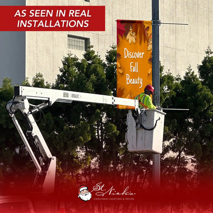 Discover Fall Beauty fall pole banner displayed on street pole in real installation