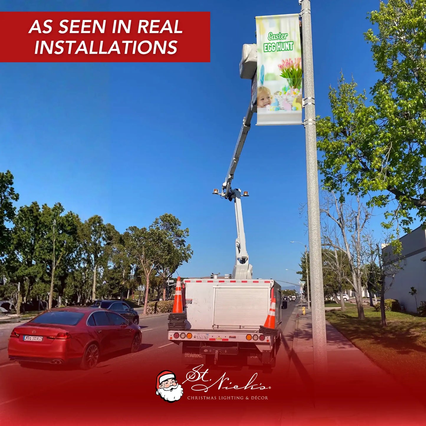 Easter Egg Hunt pole banner displayed on street pole in real installation