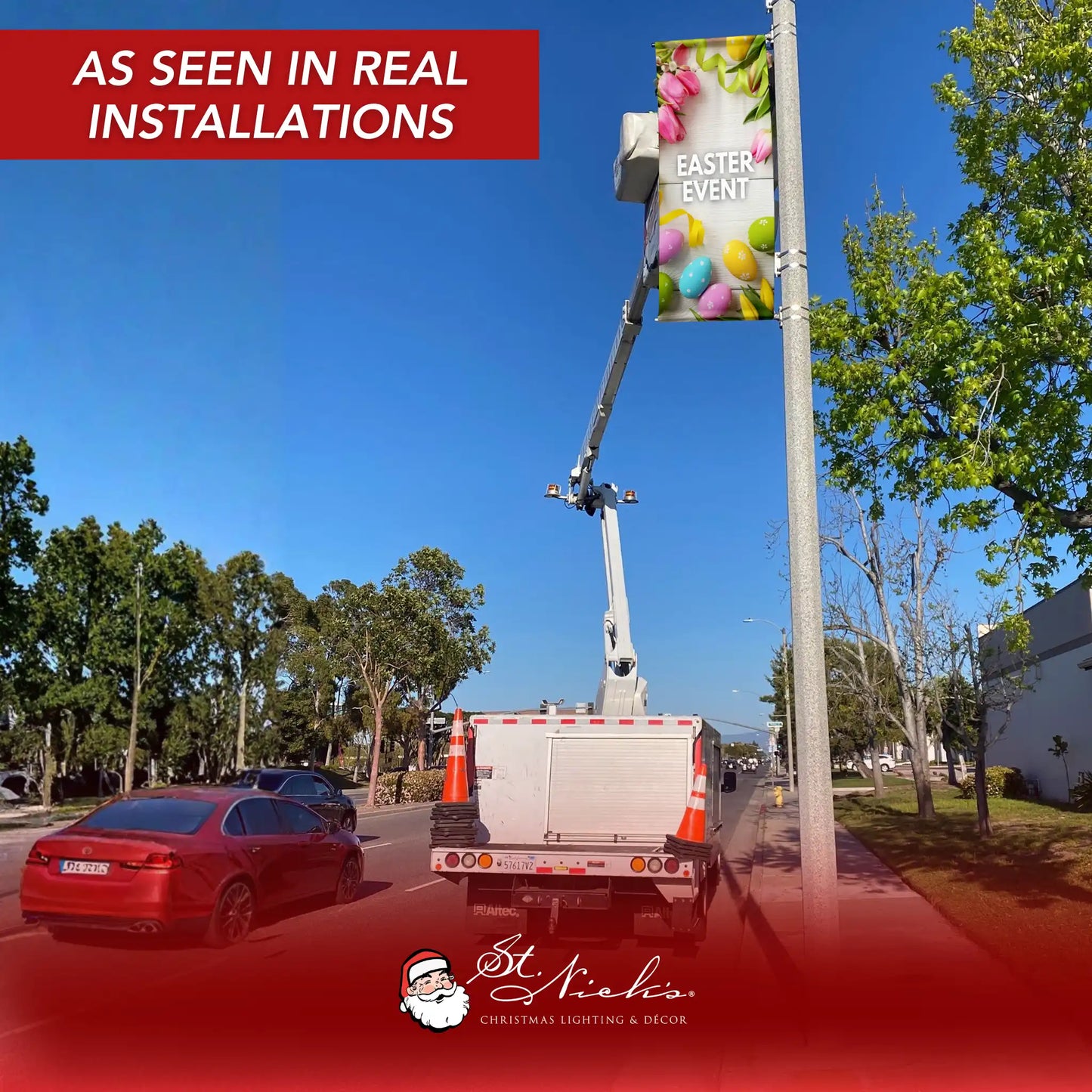 Easter Super Sale pole banner displayed on street pole in real installation