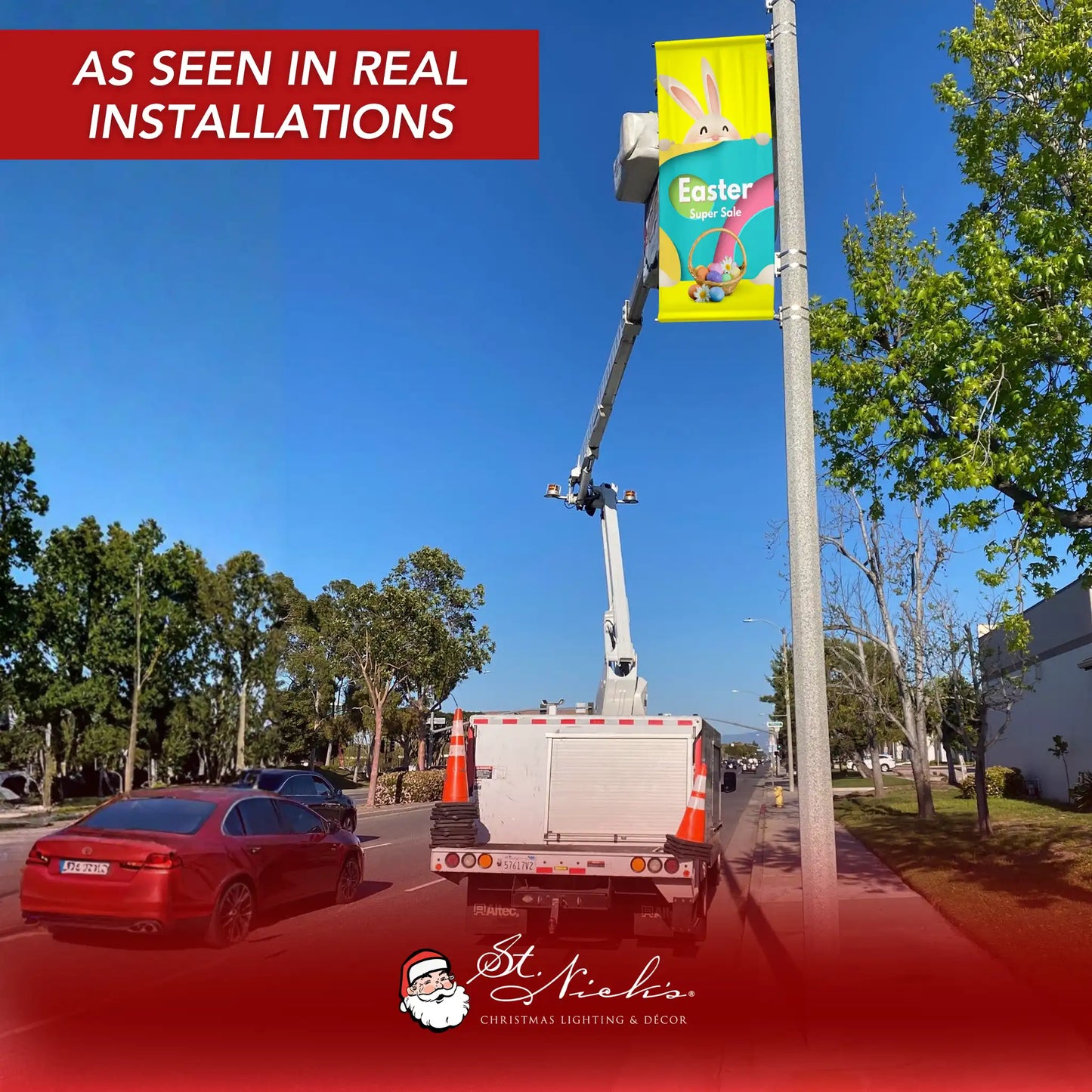 Easter Super Sale pole banner displayed on street pole in real installation