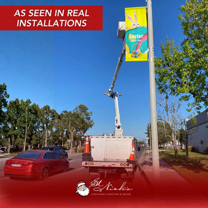 Easter Super Sale pole banner displayed on street pole in real installation