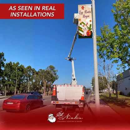 Egg Hunts Begin Easter pole banner displayed on street pole in real installation
