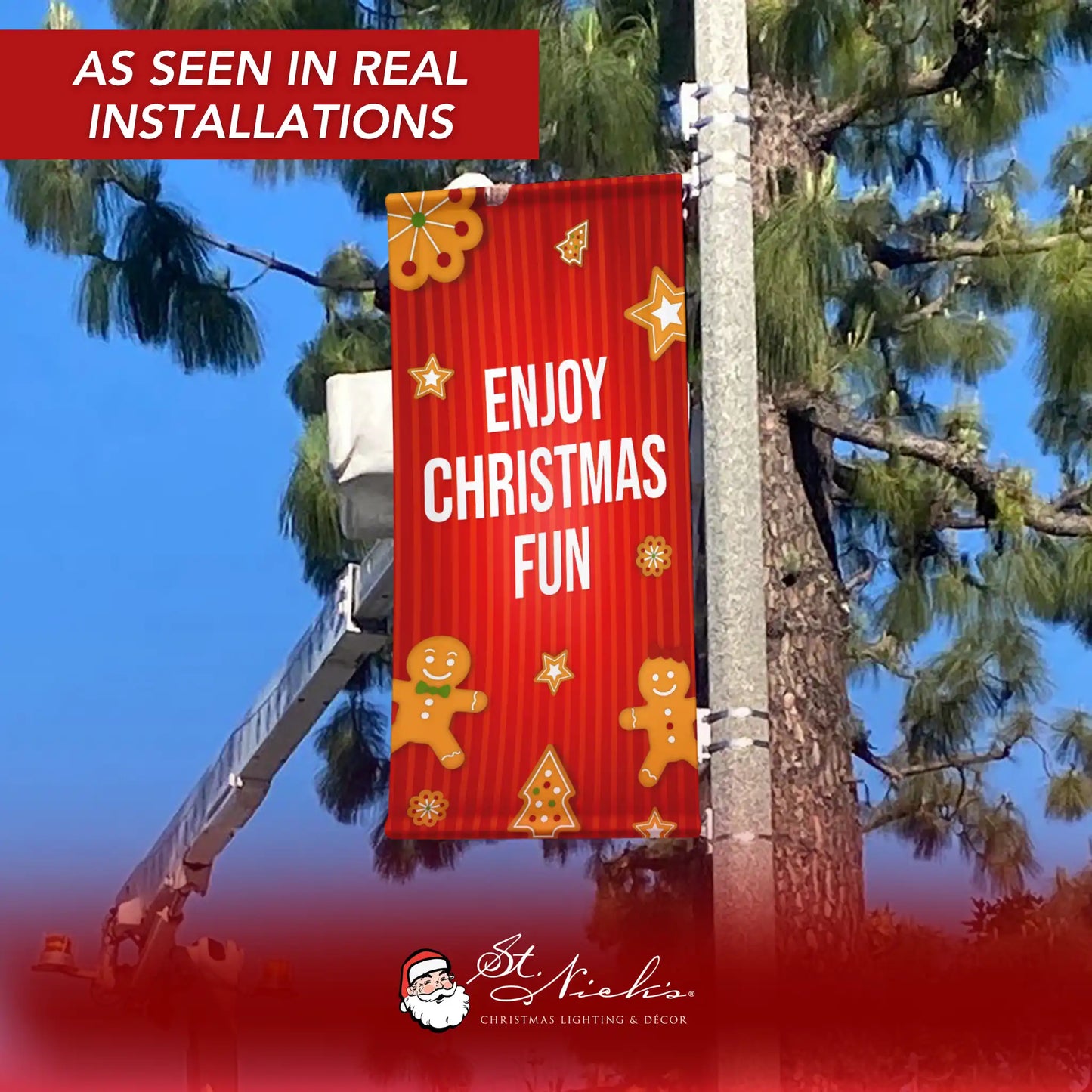 Enjoy Christmas Fun Christmas pole banner displayed on street pole in real installation