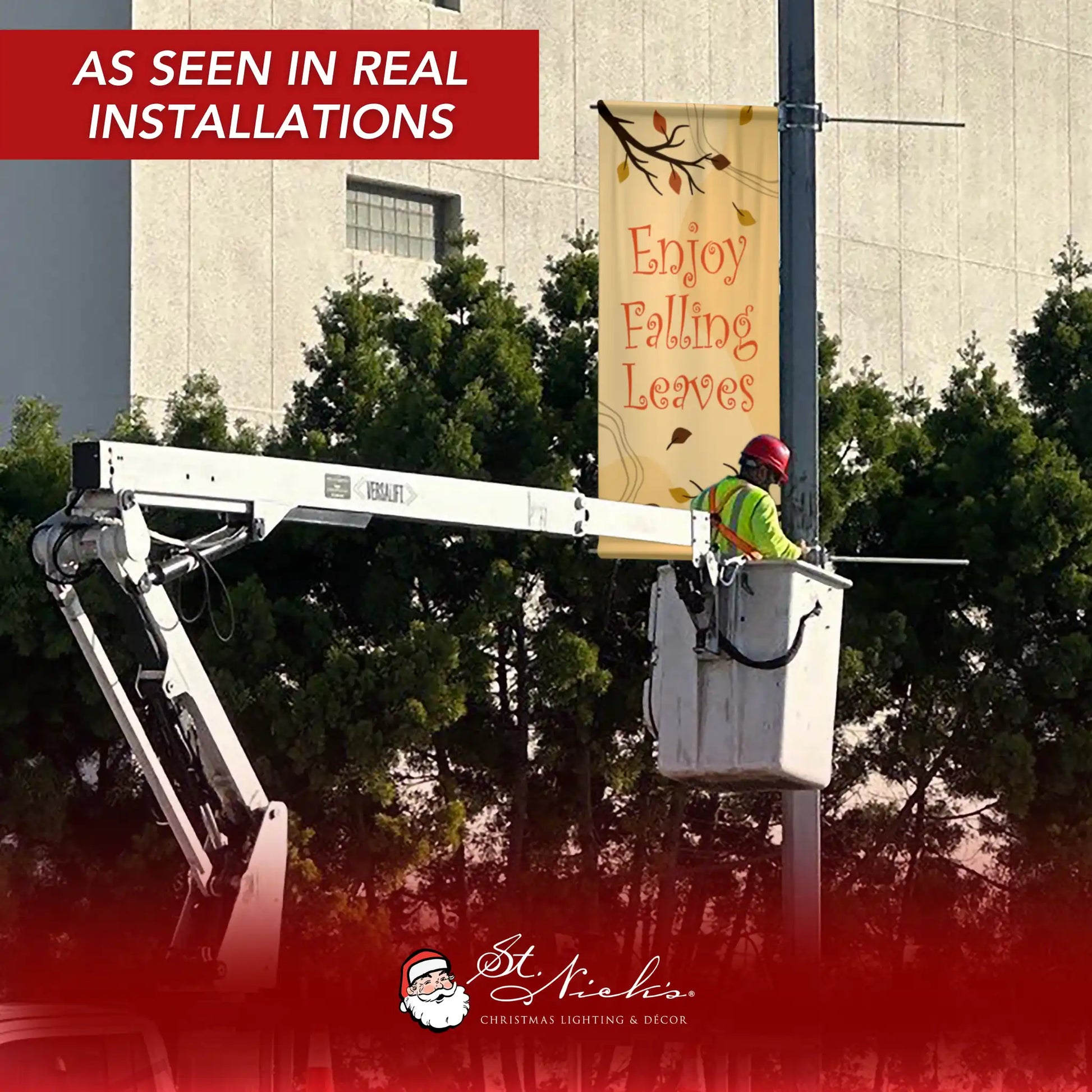 Enjoy Falling Leaves fall pole banner displayed on street pole in real installation