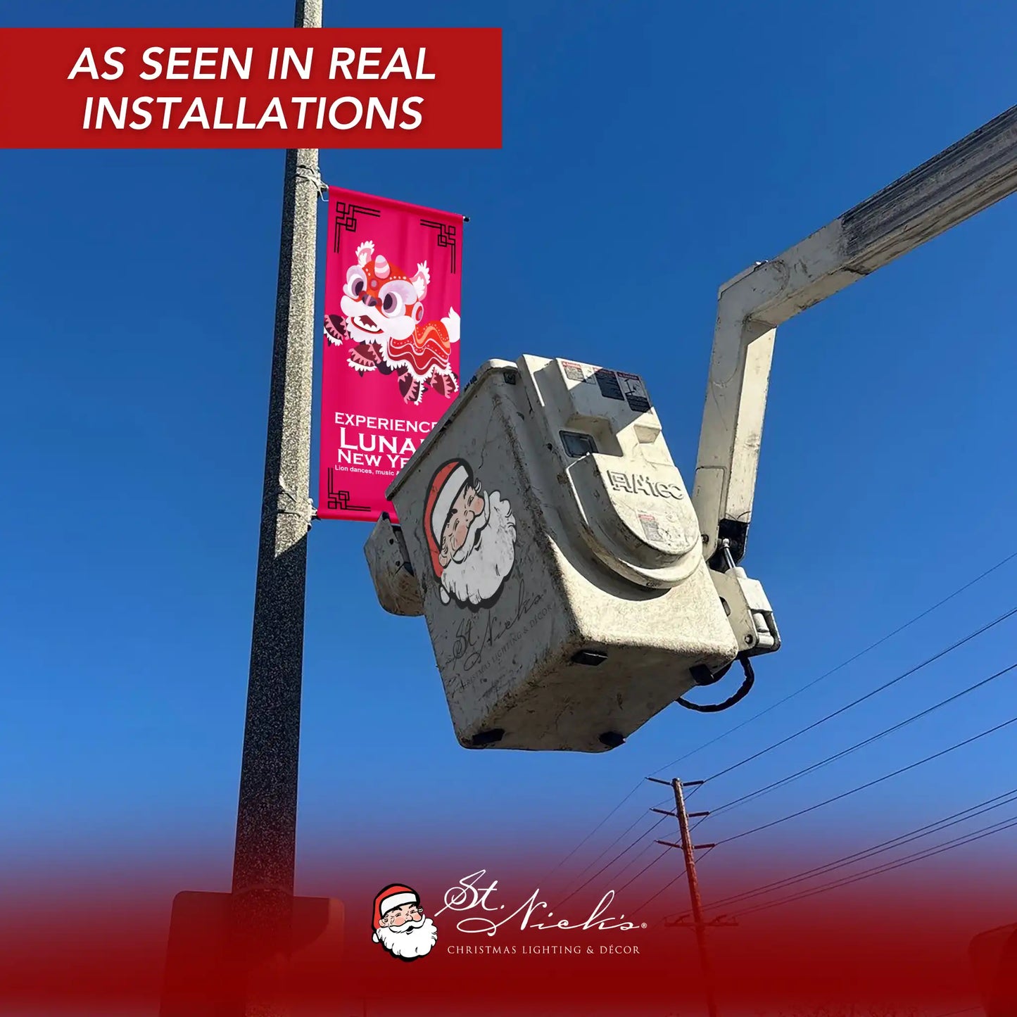 Experience Lunar New Year lion dance pole banner displayed on street pole in real installation
